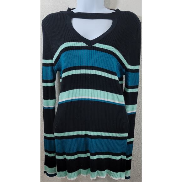 No Boundaries Black Blue Teal Striped Knitted Top 2XG 19 Juniors Stretchy Soft - Picture 1 of 6